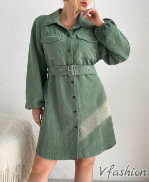 Джинсова рокля с колан - зелена - 178781