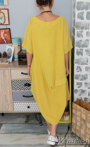 Асиметрична ленена рокля - жълта - 179157