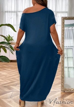 Дълга рокля с джобове - синя - 179168