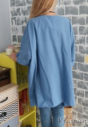 Широка блуза - рязана бродерия - синя - 179224