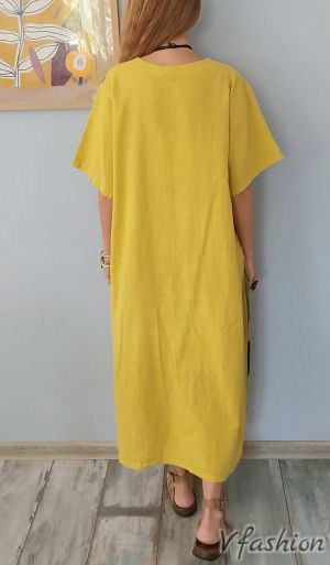 Ленена рокля пачуърк с бродерии - жълта - 179227