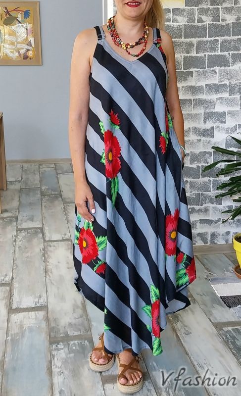 Плажна рокля на райета с джобове