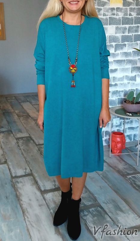 Широка рокля - фино плетиво - синя