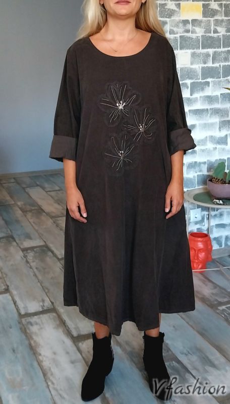 Джинсова рокля с цветя - кафява