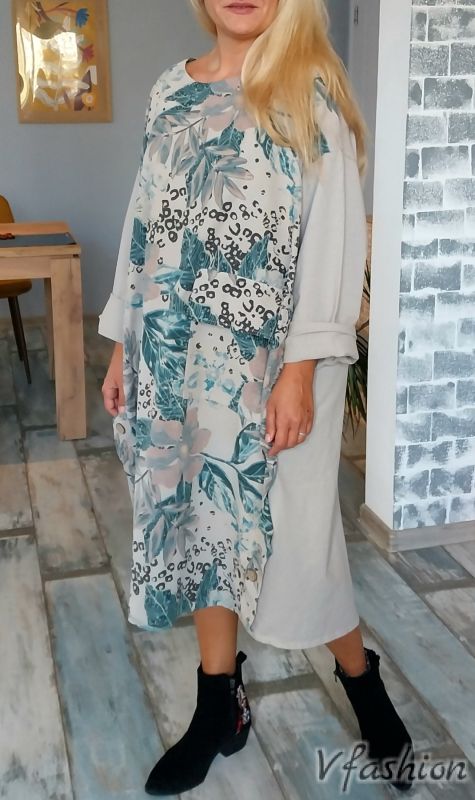 Джинсова рокля с цветен принт - сива