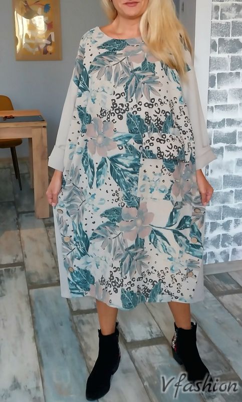 Джинсова рокля с цветен принт - сива