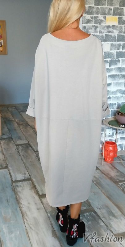 Джинсова рокля с цветен принт - сива