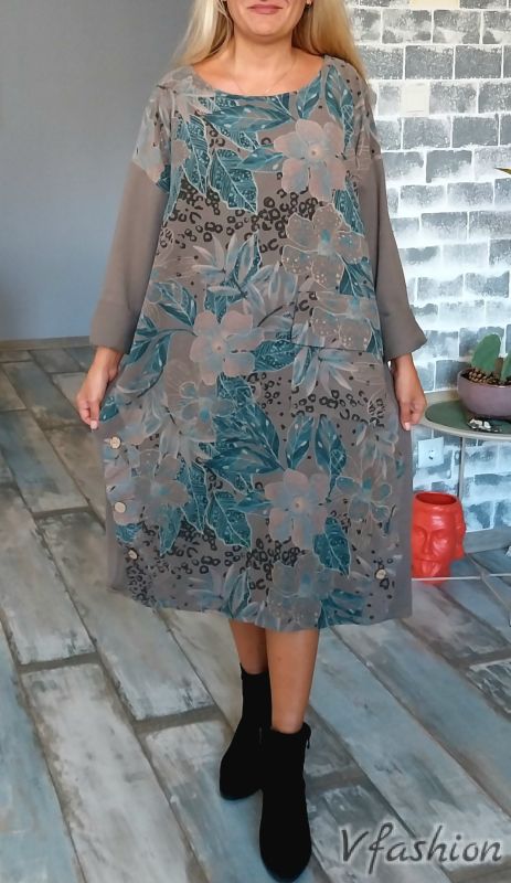 Джинсова рокля с цветен принт - кафява