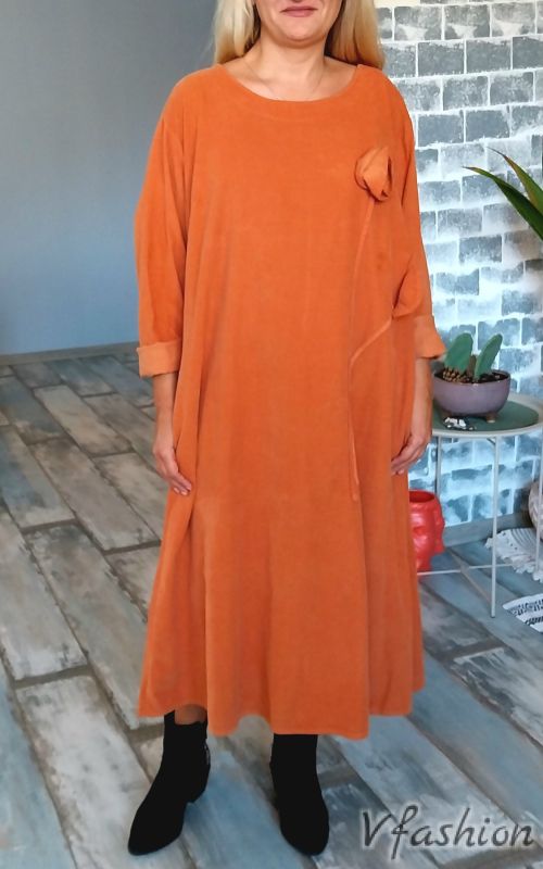 Джинсова рокля с апликация - оранжева