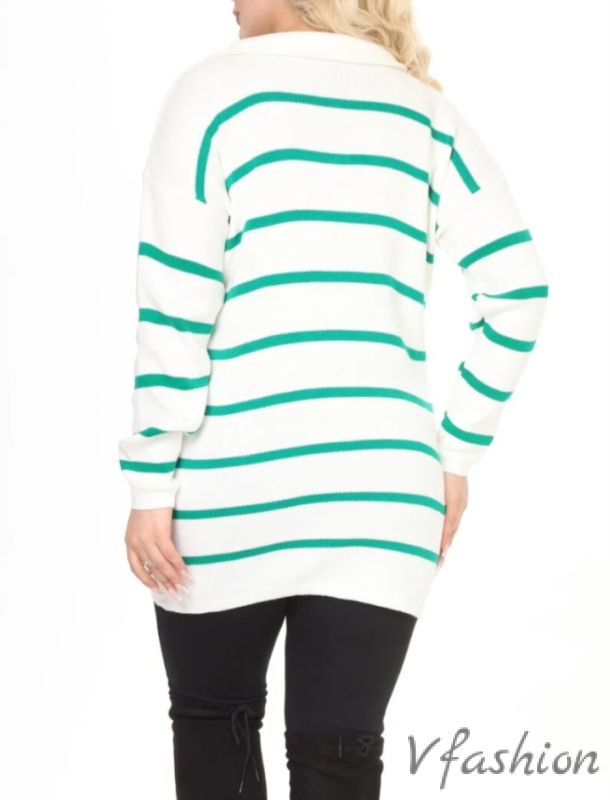 Пуловер с цип - бяло и зелено
