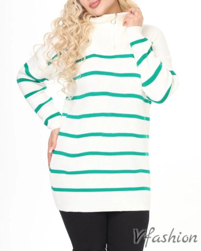 Пуловер с цип - бяло и зелено