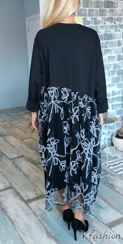 Рокля с тюл на сиви цветя