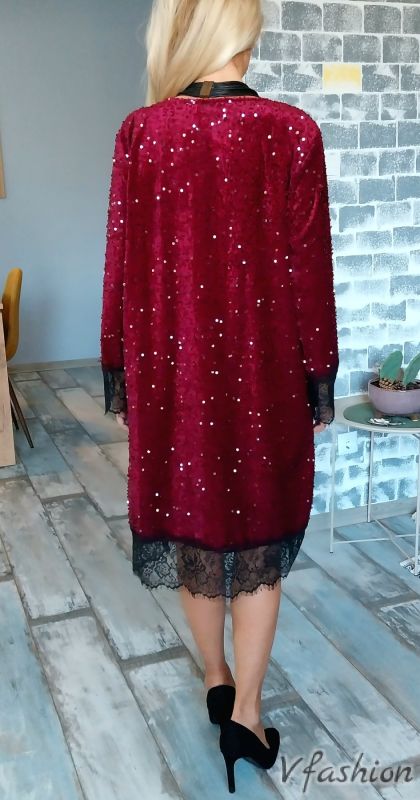 Рокля от фино кадифе с пайети - бордо