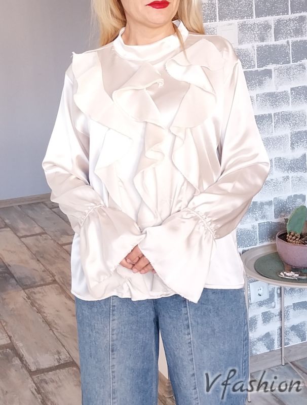 Сатенена блуза с волани - екрю