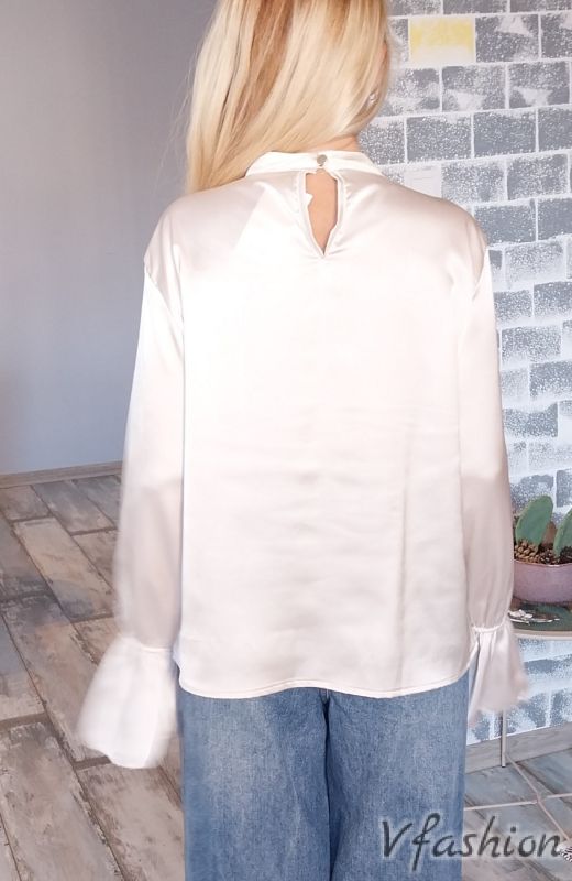 Сатенена блуза с волани - екрю