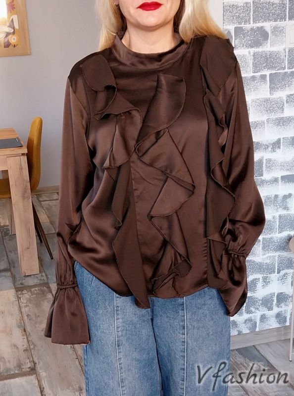 Сатенена блуза с волани - кафява
