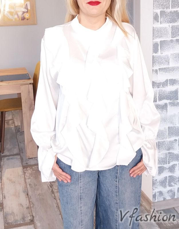 Сатенена блуза с волани - бяла