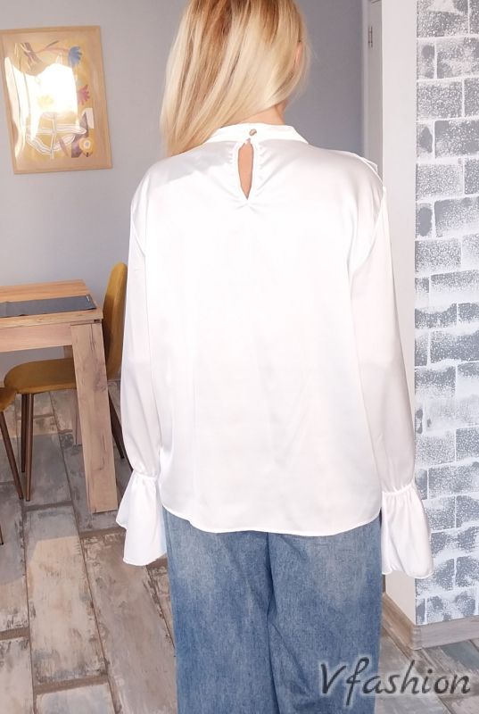 Сатенена блуза с волани - бяла