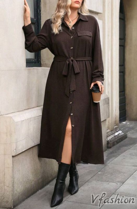 Рокля-риза с колан - кафява