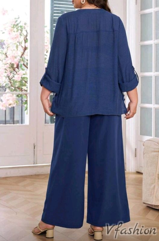 Комплект панталон и блуза с дантела - син