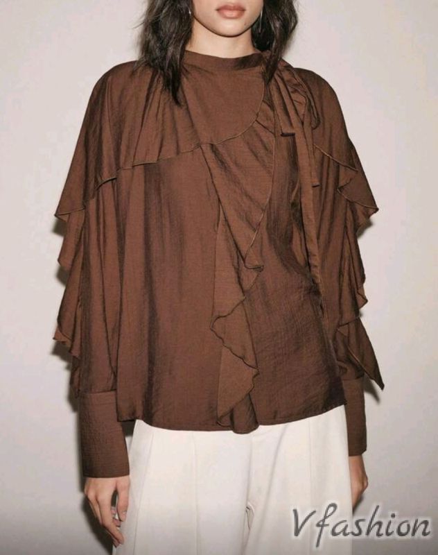 Блуза с волани - кафява