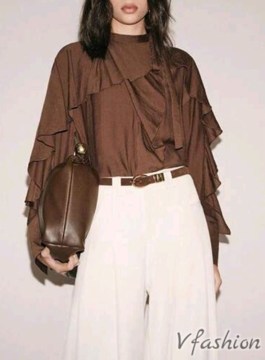 Блуза с волани - кафява