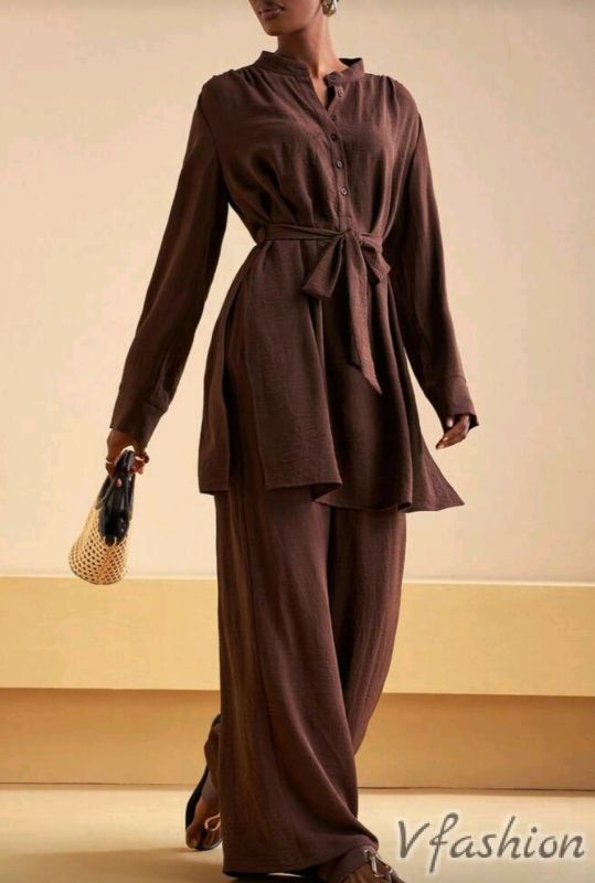 Комплект панталон и дълга риза - кафяв