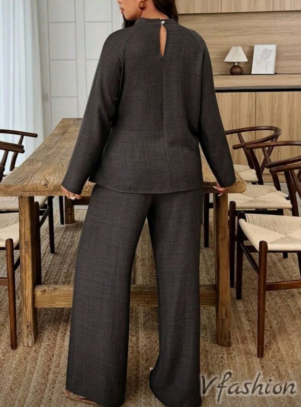 Комплект панталон и блуза с връзка - кафяв