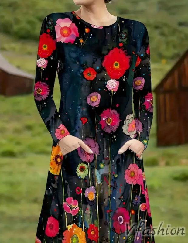 Еластична рокля на цветя с джобове