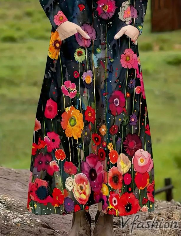 Еластична рокля на цветя с джобове