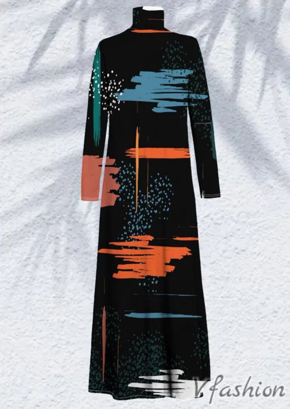 Еластична рокля с висока яка и арт принт