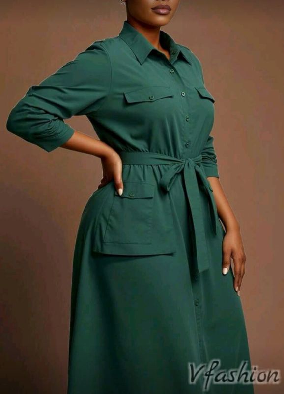 Рокля-риза с джобове - зелена