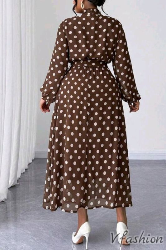 Шифонена рокля на точки - кафява