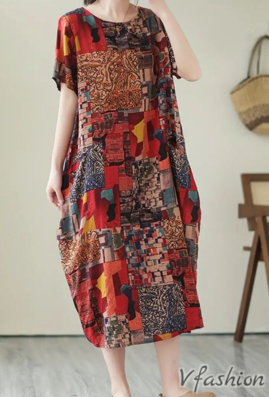 Рокля с джобове и бохо принт