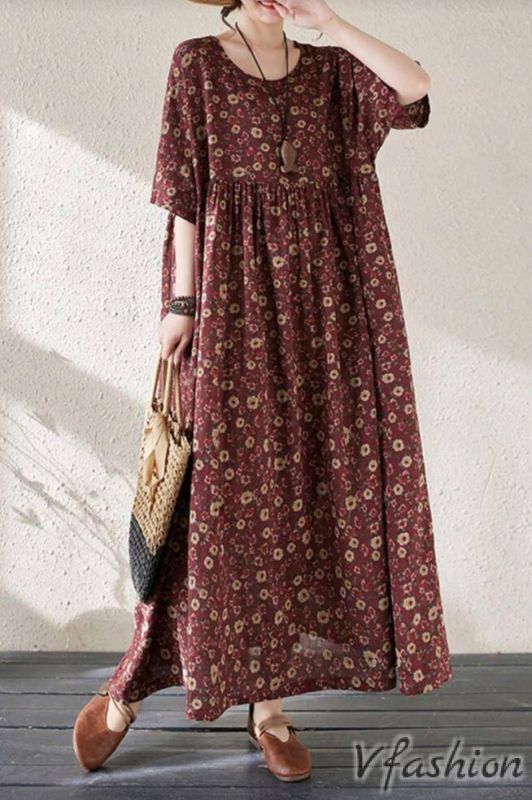 Разкроена рокля на цветчета - бордо