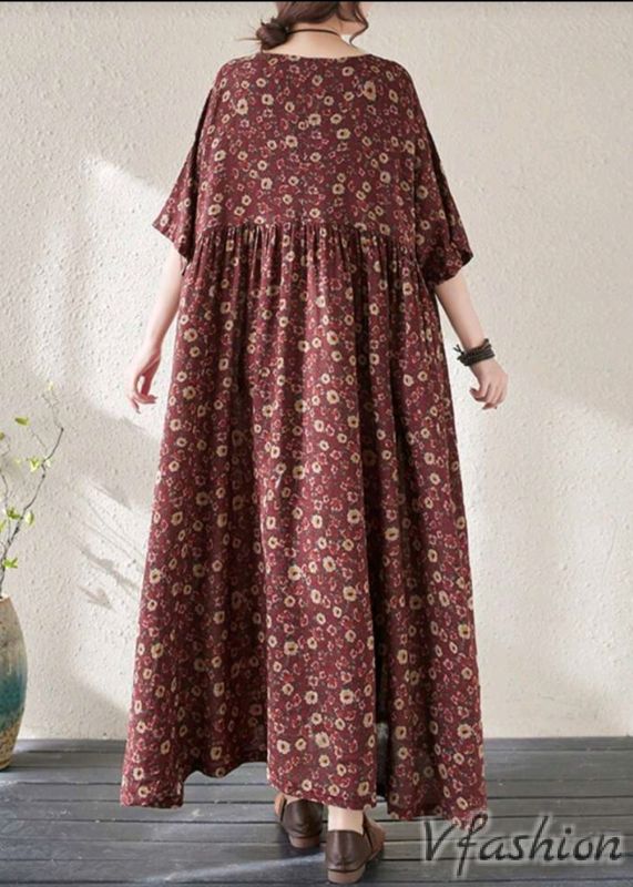 Разкроена рокля на цветчета - бордо