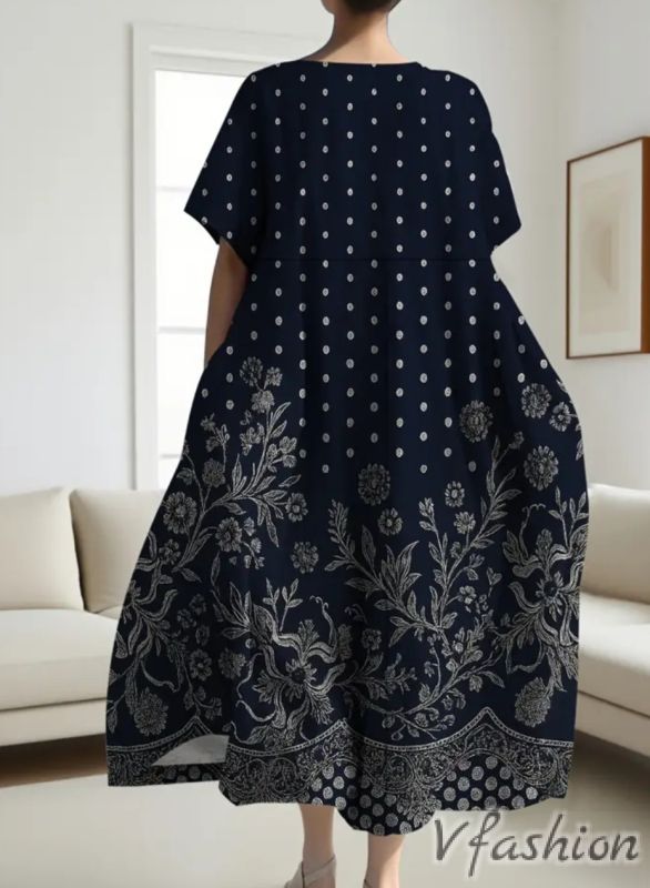 Рокля с принт и джобове - синя