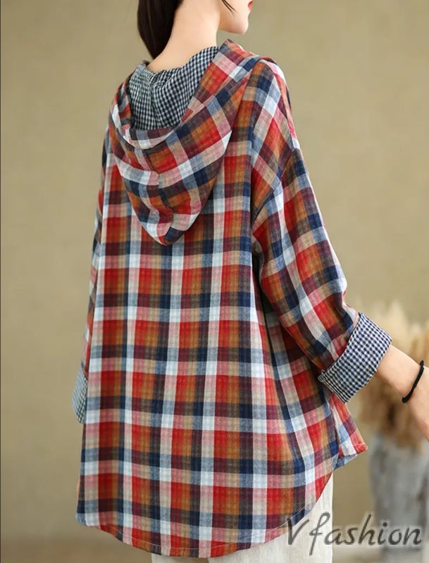 Карирана блуза с джобове и качулка