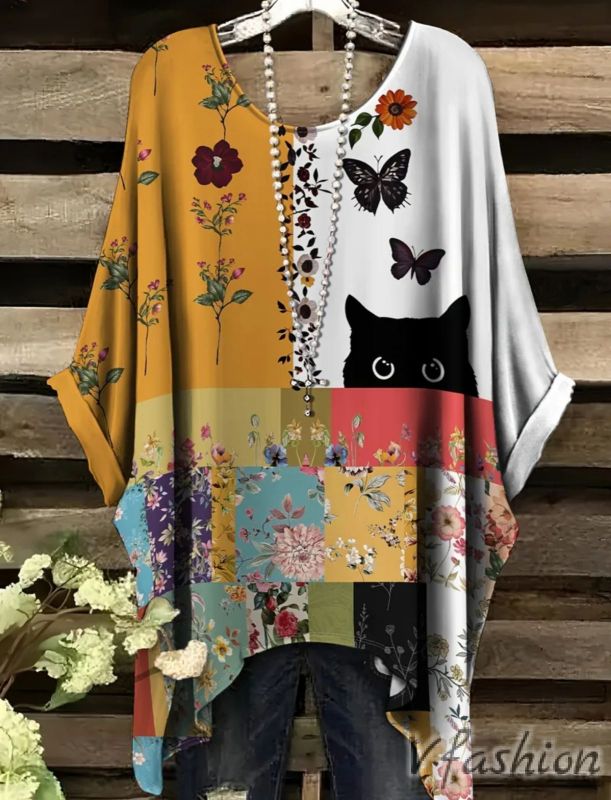 Еластична блуза с коте и цветя