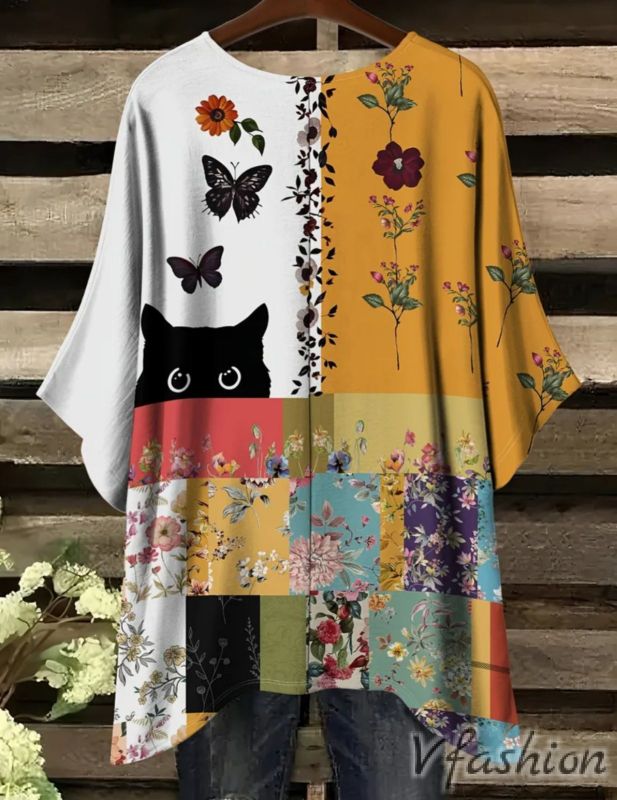 Еластична блуза с коте и цветя