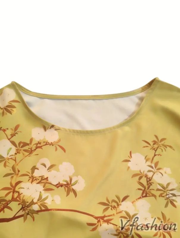 Рокля с принт и джобове - жълта