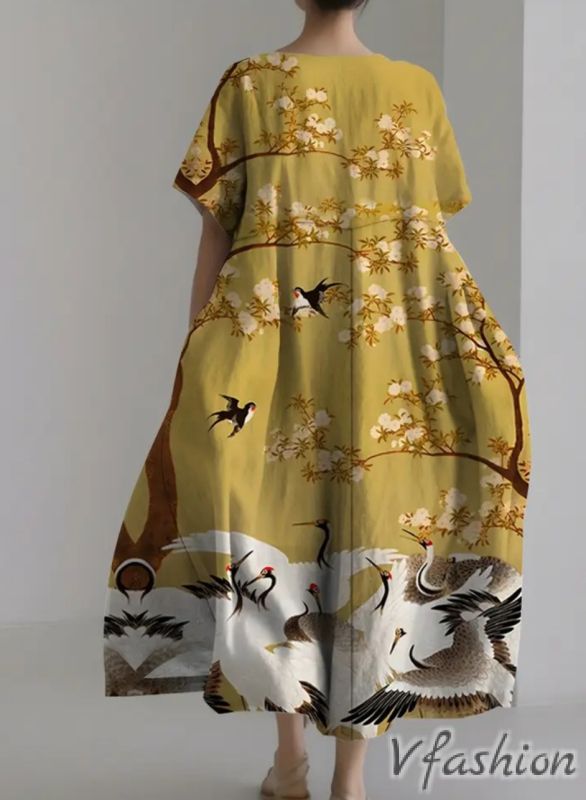 Рокля с принт и джобове - жълта