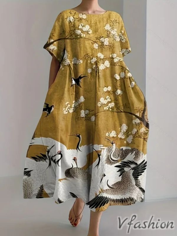 Рокля с принт и джобове - жълта