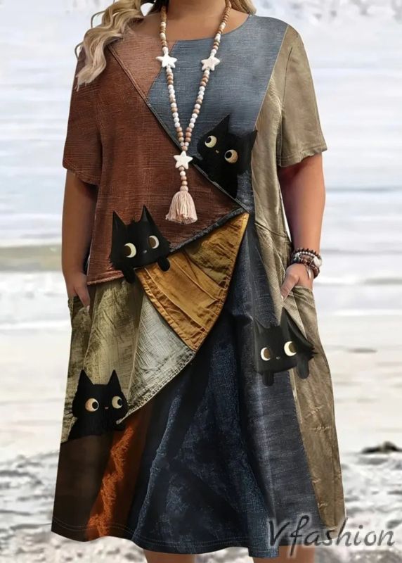 Еластична рокля с принт и джобове