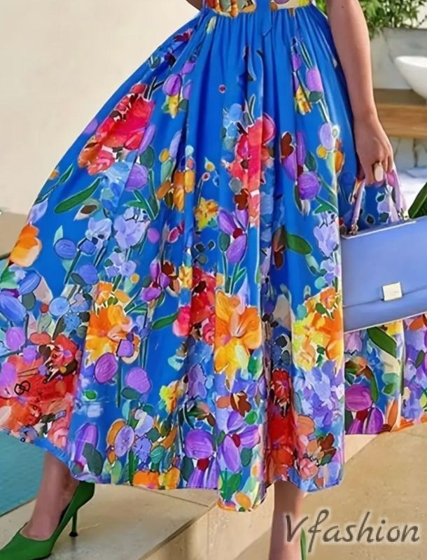 Дълга рокля на цветя - синя