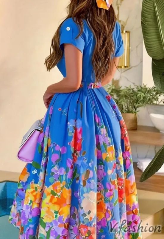 Дълга рокля на цветя - синя