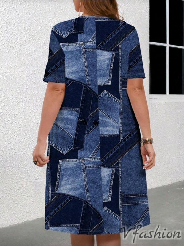 Еластична рокля с джобове - дънков принт