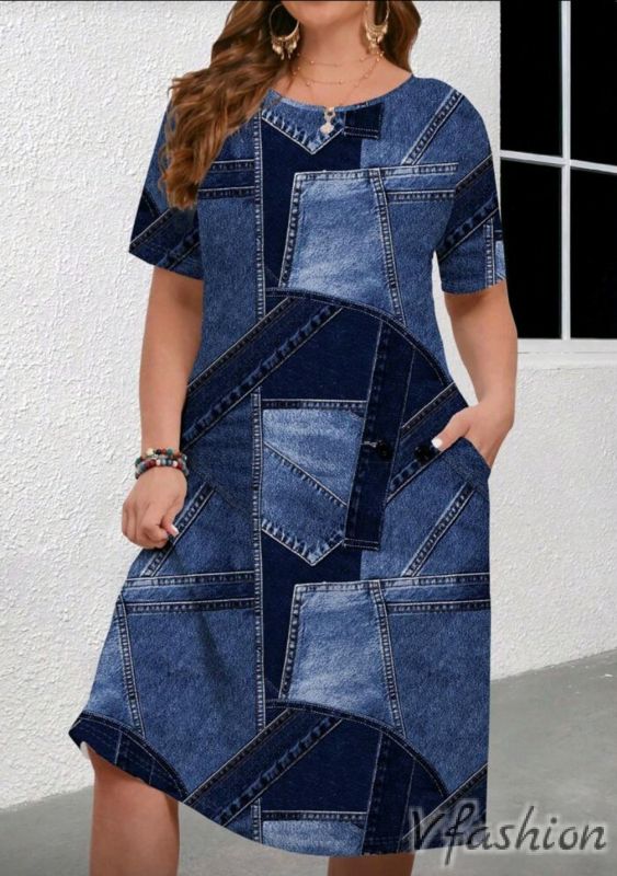 Еластична рокля с джобове - дънков принт