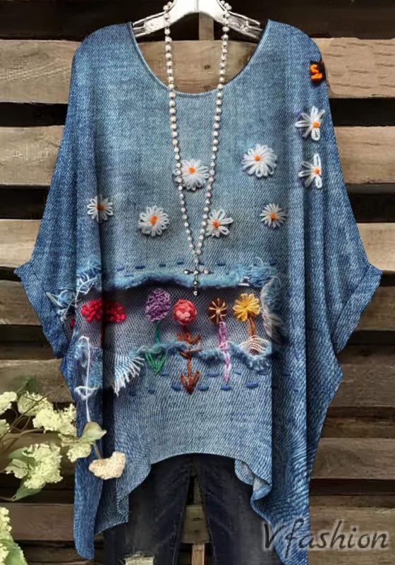 Еластична блуза с дънков принт