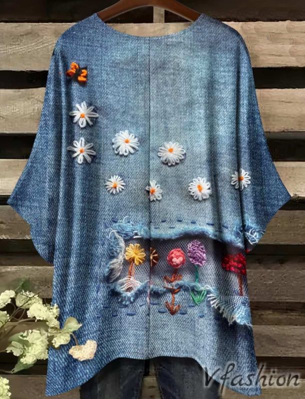 Еластична блуза с дънков принт